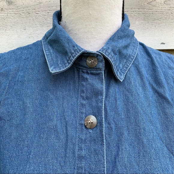 True Vintage 70s Blue Cotton Denim Ruffled Trim Button Down Short Sleeve Blouse - Picture 8 of 16
